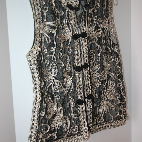 Jin Xiu Black and Gold Soutache Ribbon Embroidered Lace Vest R-498 - Picture 2 of 10